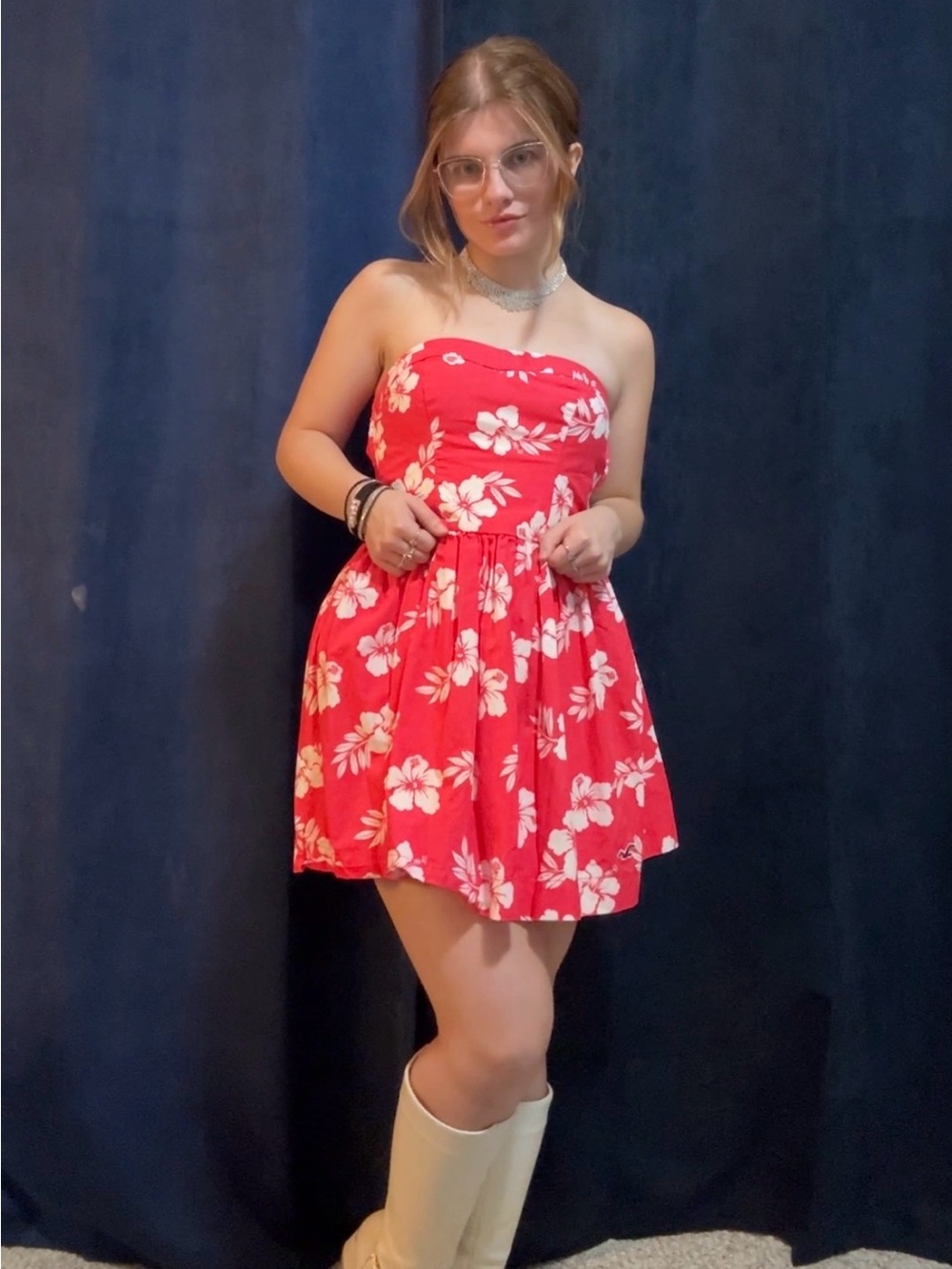 Floral Strapless Red Sundress with White Hibiscus Print